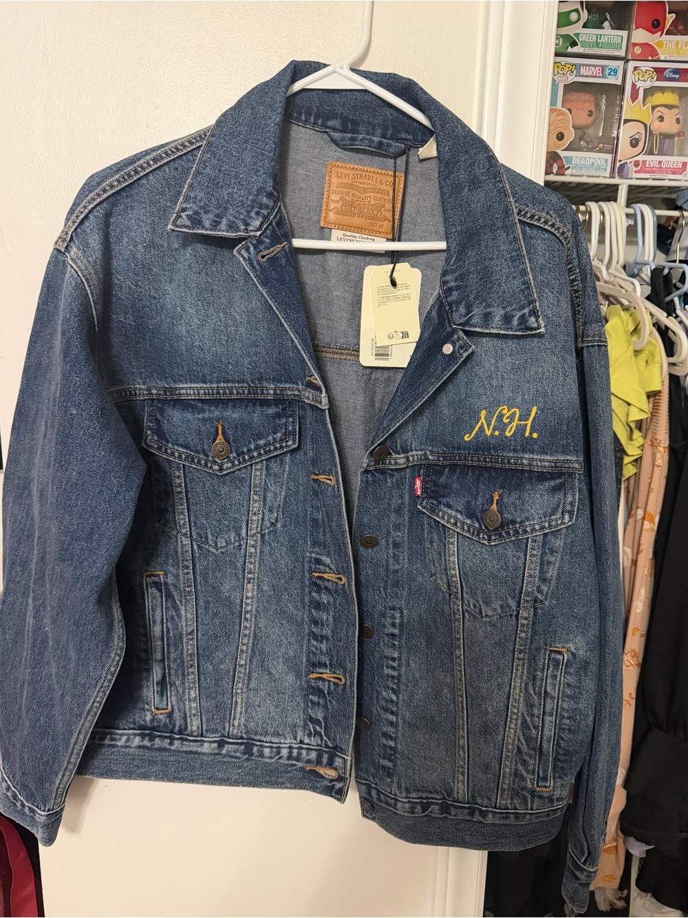 Levi's Indigo Blue Denim Trucker Jacket with Yellow Embroidered Initials